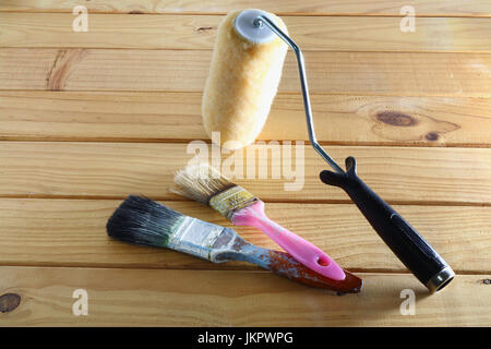 Painting Tools on Wooden Background Stock Photo