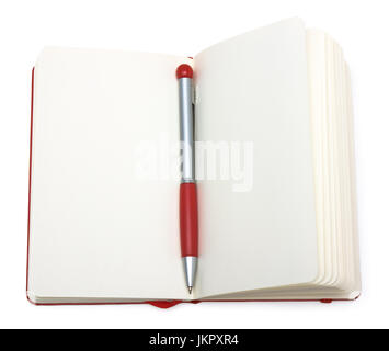 Red open notepad (paper) with pen isolated on white background. Stock Photo