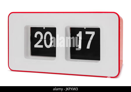 Retro red flip clock displays 2017 year, isolated on white with paths Stock Photo