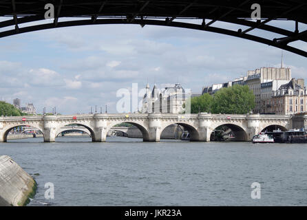Paris, France, view of Ile de la Cite, River Seine, & Pont Neuf, seen from the Right Bank, silhouette of Pont des Arts at top. Stock Photo