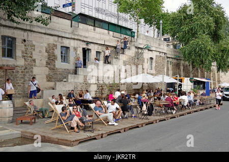 Paris, France, Paris Plages (Beaches), summer festival, temporary café bar decking and terrace on Voie Georges Pompidou Stock Photo
