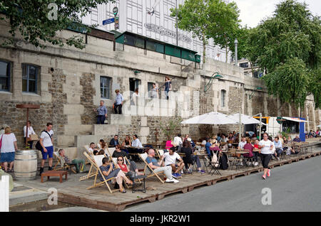 Paris, France, Paris Plages (Beaches), summer festival, temporary café bar decking and terrace on Voie Georges Pompidou Stock Photo