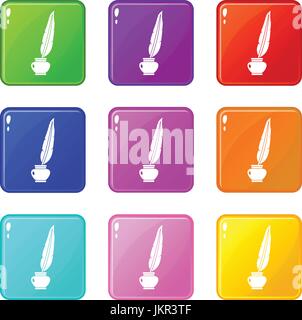 Feather quill pen standing in bottle of ink set 9 Stock Vector