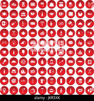 100 restaurant icons set red Stock Vector
