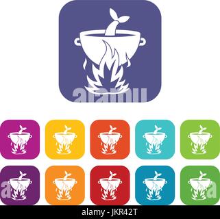 Fish soup on a fire icons set Stock Vector