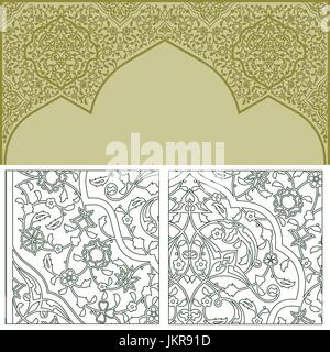 background with golden patterned arched frame Stock Vector