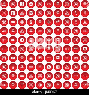 100 road signs icons set red Stock Vector