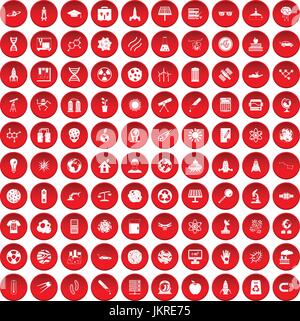 100 space technology icons set red Stock Vector