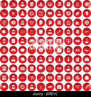 100 statistic data icons set red Stock Vector