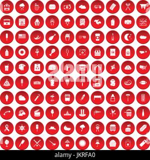 100 street food icons set red Stock Vector