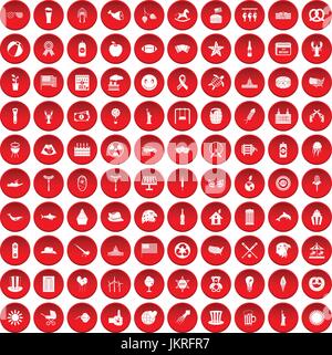 100 summer holidays icons set red Stock Vector