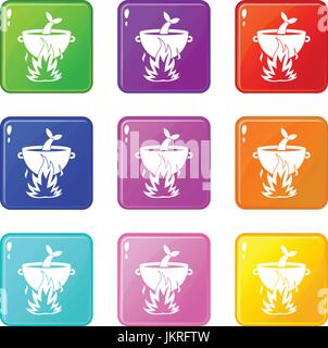 Fish soup on a fire set 9 Stock Vector