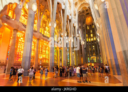 Barcelona Catalunya spain Barcelona La Sagrada Familia cathedral basilica interior with stained glass windows by Antoni Gaudi Barcelona Catalonia Stock Photo