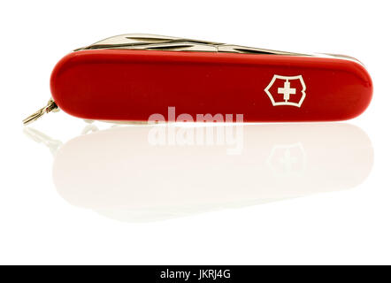 Winneconne, WI - 22 July 2017: A folded Swiss Army knife on an isolated background. Stock Photo