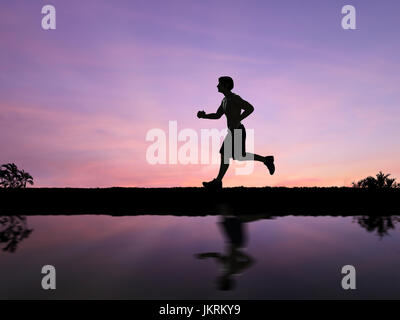 silhouette man jogging with twilight sky background Stock Photo