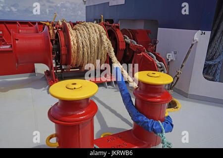 Mooring winch on a ship. Stock Photo