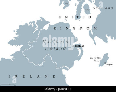 Northern Ireland political map with capital Belfast. Country of the United Kingdom in the northeast of the island of Ireland. Gray illustration. Stock Photo