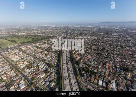 Aerial view of the San Diego 405 Freeway in the Lawndale and Torrance neighborhoods in Los Angeles County, California. Stock Photo
