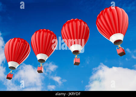 3d rendering red hot air balloons flying above cloudy sky Stock Photo