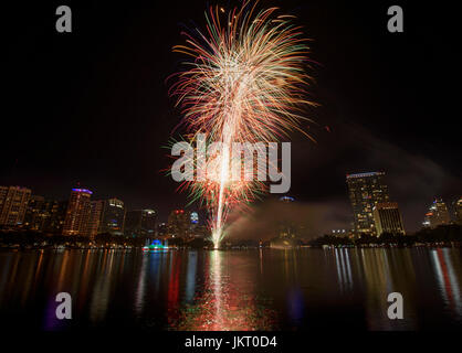 Fourth of July fireworks at Lake Eola Park in downtown Orlando, Florida. Stock Photo