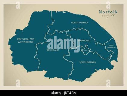 Modern Map - Norfolk county with detailed captions UK illustration Stock Vector