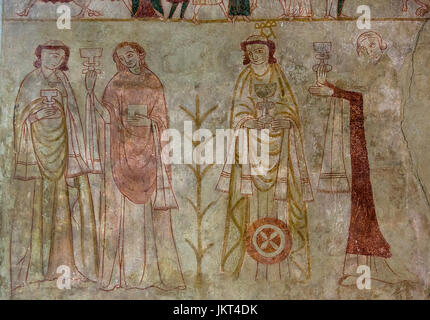 Danish medieval religious fresco from the 14th century in the Romanesque style Oerslev Church depicting apostles  Artist unknown. Stock Photo