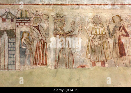 Danish medieval religious fresco from the 14th century in the Romanesque style Oerslev Church depicting royal or noble women greeting guests welcome.  Stock Photo