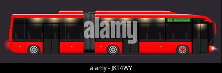 Large articulated bus. Red with modern design. Side view. Translucent windows. Stock Vector