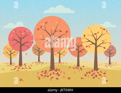 Forest in autumn retro styled illustration with grunge texture Stock Vector