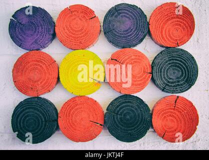 Painted wood cuts on white wood background Stock Photo