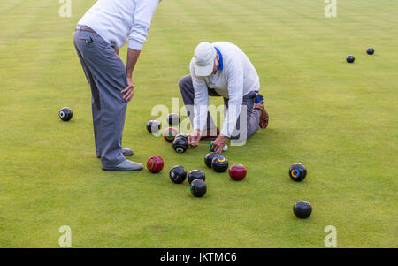 Lawn bowls players using a measure to check the score. Stock Photo