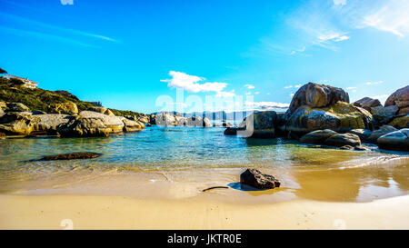 Large granite boulders at Boulders Beach, a popular nature reserve and home to a colony of African Penguins, in the village of Simons Town in the Cape Stock Photo