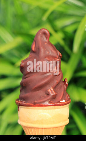 Closed up chocolate dipped soft serve ice cream cone, with blurred green bush in background Stock Photo