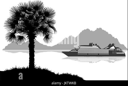 Landscape with Ship, Palms and Mountains Stock Vector