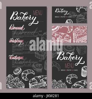 Set of bakery shop templates with menu, visit cards and reserved card based on sketch and lettering. Stock Vector