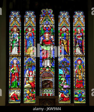 The Resurrection of Jesus Christ, St. Matthew, St. Mark, St. Luke, St. John, St. Peter, St. Paul, stained glass window by William Wailes, 1853, Swaffh Stock Photo