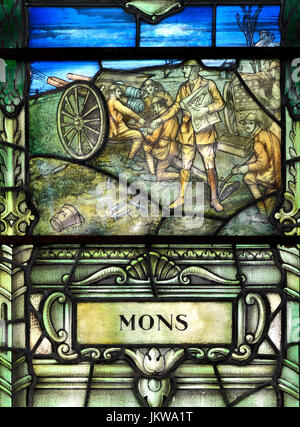 First World War scene, stained glass window, Battle of Mons, by William Morris & Co, 1918, Swaffham, Norfolk, England, UK Stock Photo