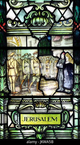 First World War scene, stained glass window, Jerusalem, by William Morris & Co, 1918, Swaffham church, Norfolk, England, UK Stock Photo