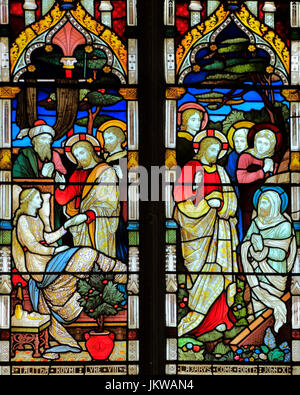 Miracles of Jesus, Raising of Jarius' daughter, Talitha Koum, Raising of Lazarus, stained glass window, by Heaton Butler & Bayne, 1878, Swaffham Stock Photo