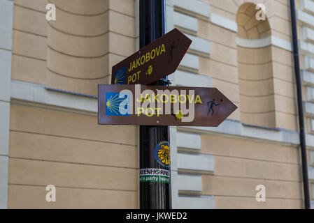 A post marking the Way of St. James (Slovene: Jakobova pot), Ljubljana, Slovenia Stock Photo
