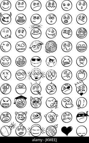Large set of 60 vector hand drawn cartoon smiley faces emoticons . Stock Vector