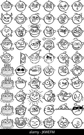 Large set of 60 hand drawn baby smiley faces emoticons. Stock Vector