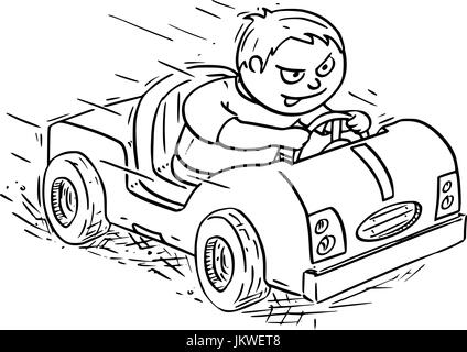 Hand drawing vector cartoon of a boy driving pedal or battery operated electric kids car. Stock Vector