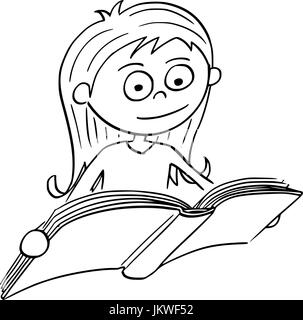 Hand drawing cartoon vector illustration of girl reading a book. Stock Vector