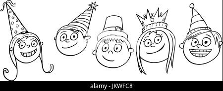 Hand  drawing cartoon vector illustration of five smiling kids or children wearing party huts. Stock Vector