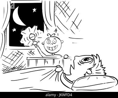 Hand drawing cartoon vector illustration of baby not sleeping and doing noise at night, and mother or father lying deadly tired in bed and not able to Stock Vector