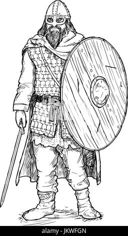 Hand drawing pen and ink illustration of ancient viking warrior in scale mail armor with helmet, sword and shield. Stock Vector