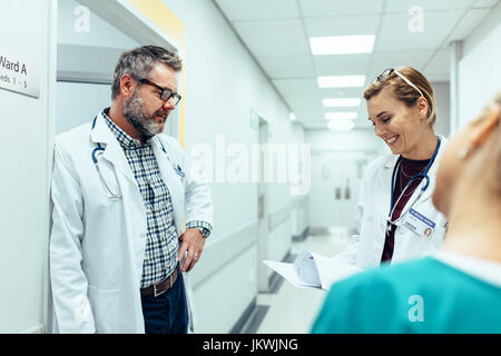 Doctor with colleagues standing in hospital hallway. Hospital staff working and looking at medical reports. Stock Photo