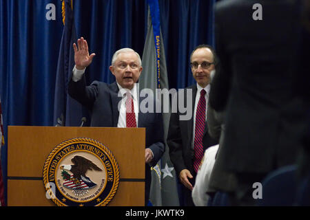US Attorney General Jeff Sessions delivers a speech outlining the Department of Justice policy regarding Sanctuary Cities Stock Photo