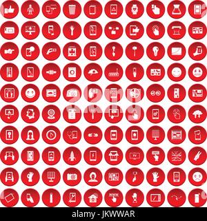 100 touch screen icons set red Stock Vector